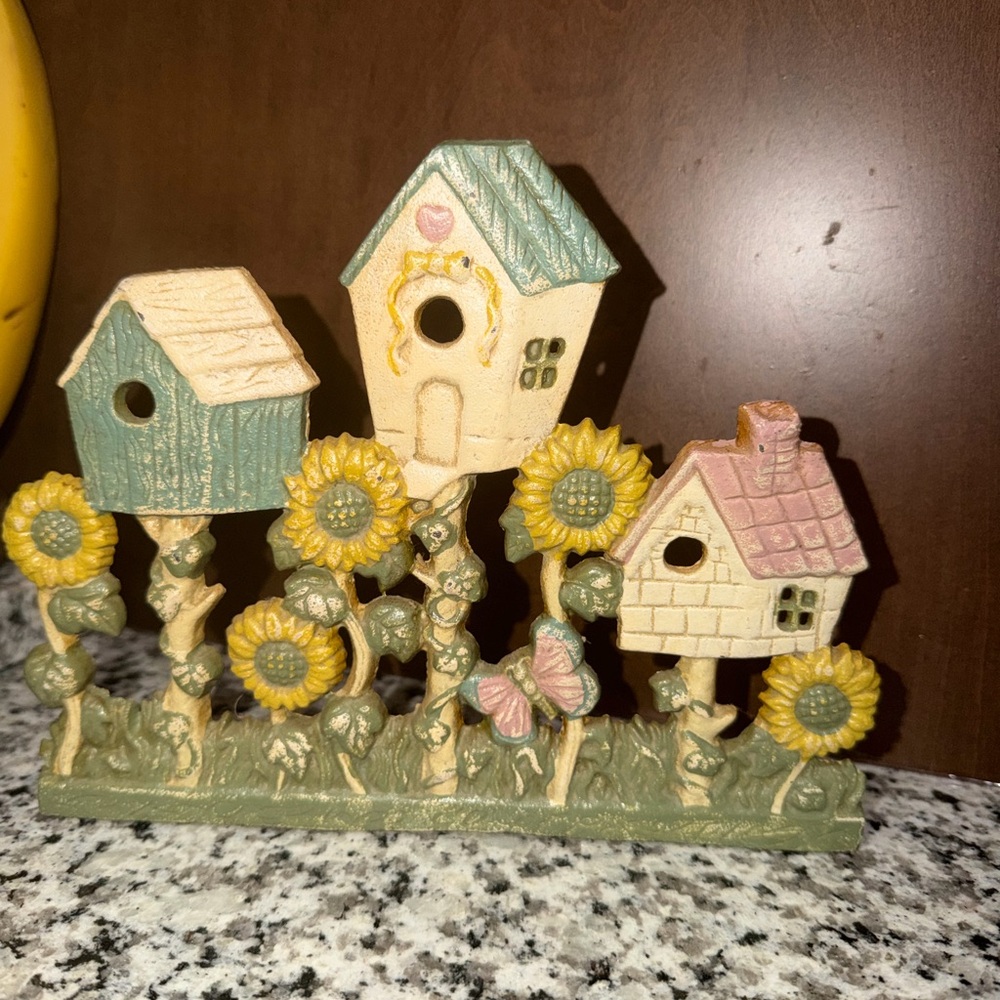 Vintage‎ Cast Iron Door Stop Pastel Birdhouses and Sunflowers Grannycore